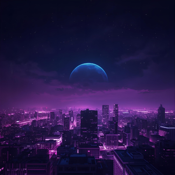Futuristic cityscape at night bathed in purple lighting, with a large blue moon rising above the skyline and stars scattered across the sky.