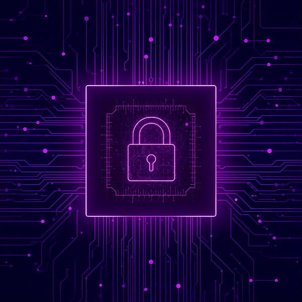 A glowing neon-purple padlock icon centered inside a digital circuit board design, symbolizing cybersecurity and data protection.
