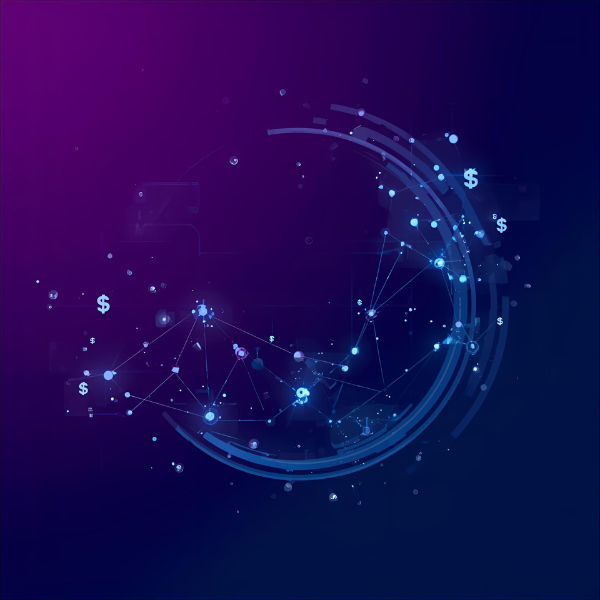 A futuristic digital illustration of interconnected blue nodes and currency symbols forming a circular network pattern against a purple and blue gradient background, representing global financial data flow.