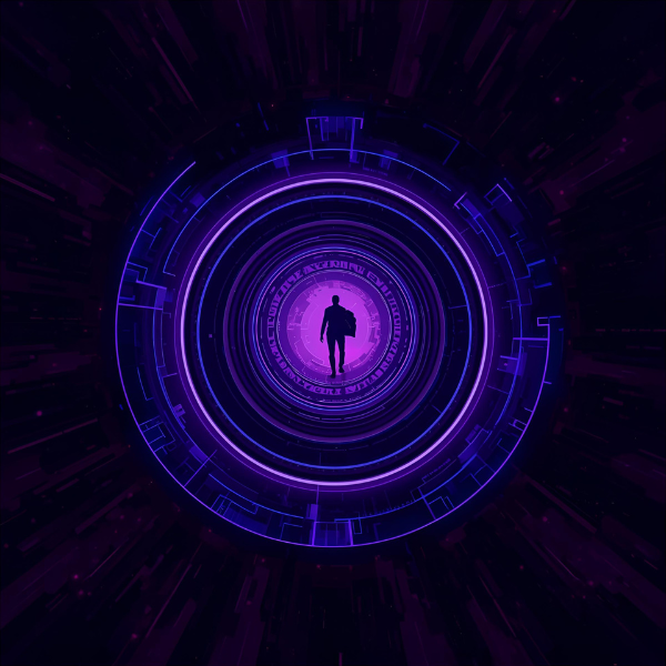 A silhouette of a person walking through the center of glowing purple concentric digital rings, creating the appearance of entering a futuristic portal or virtual world.