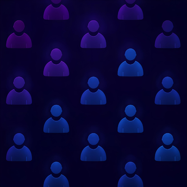 A repeating pattern of glowing blue and purple user profile icons arranged in rows against a dark digital background, representing people or online accounts.