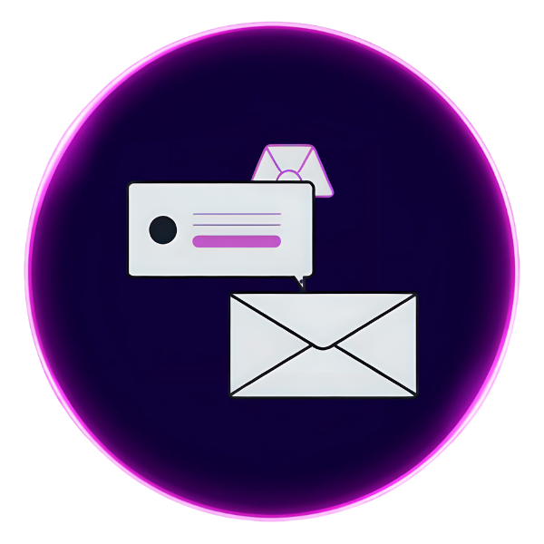 A purple circle with an icon in the middle that shows two envelopes and an icon that resembles an email