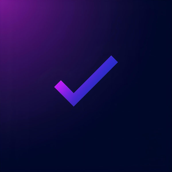 Neon purple and blue gradient checkmark icon centered on a dark background with soft glowing light in the upper left corner.