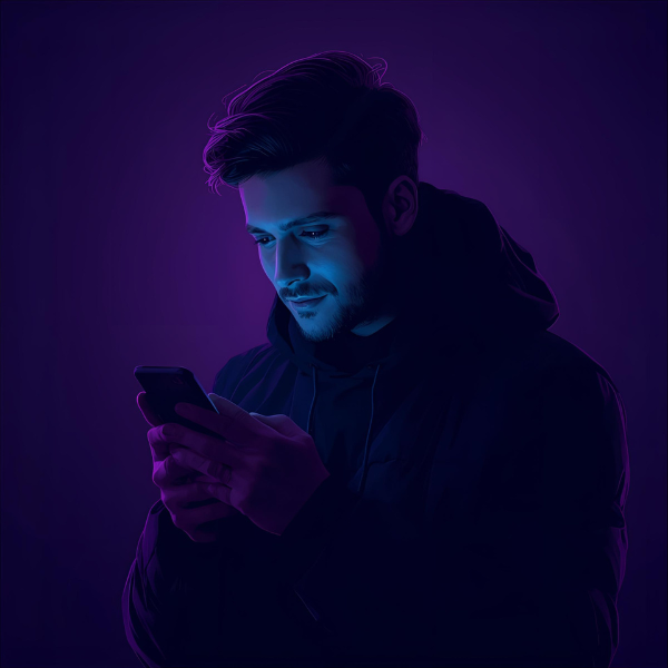 Digital illustration of a young man standing in a dark purple and blue environment, illuminated by the light of his smartphone as he looks down at the screen.