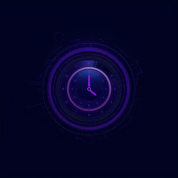 Futuristic neon clock interface glowing in purple and blue tones, with circular digital elements layered around a central analog clock face.