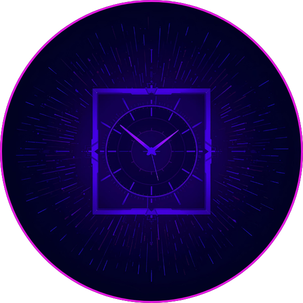 A glowing digital clock design with a square outer frame and circular inner rings, rendered in bright purple tones on a dark background with radial motion lines.