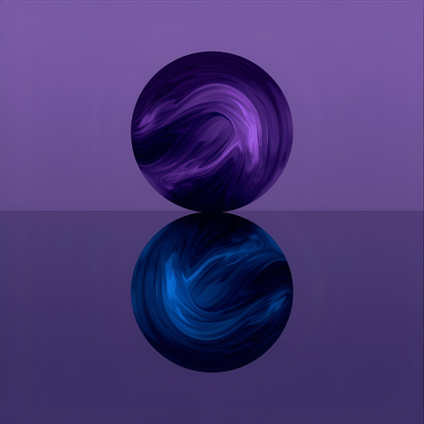 A swirling purple abstract sphere resting on a reflective surface, with its blue-tinted reflection creating a mirrored visual effect.