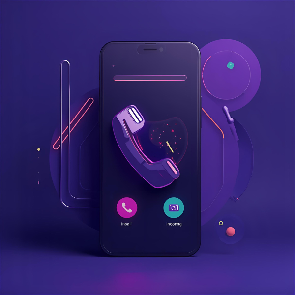 A stylized smartphone interface glowing in purple tones, displaying an incoming call screen with a neon phone icon and circular buttons for answering or dismissing the call.