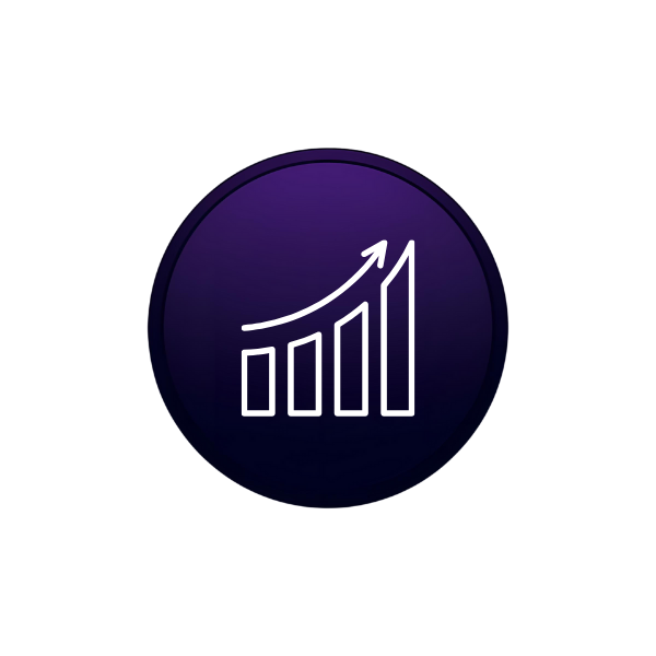 A dark purple circle with an upwards chart icon in the middle
