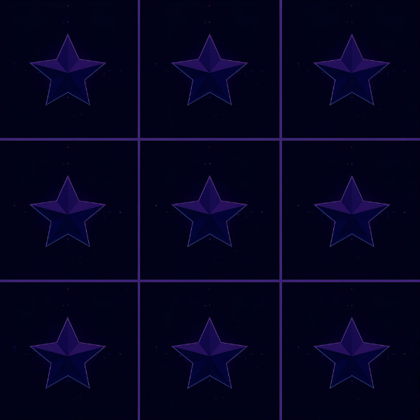 Grid layout of purple neon five-pointed stars on a dark background, arranged in three rows and three columns
