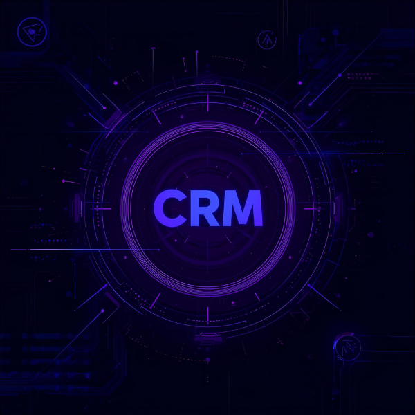 The letters “CRM” illuminated in bright blue at the center of a circular futuristic interface with neon purple accents and digital circuit elements.