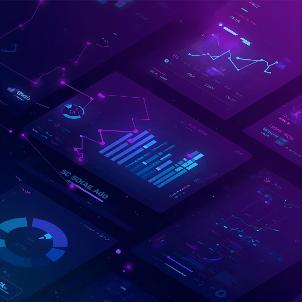 Futuristic digital analytics dashboards displayed in purple and blue neon tones, featuring graphs, charts, and data visualizations on a dark interface.