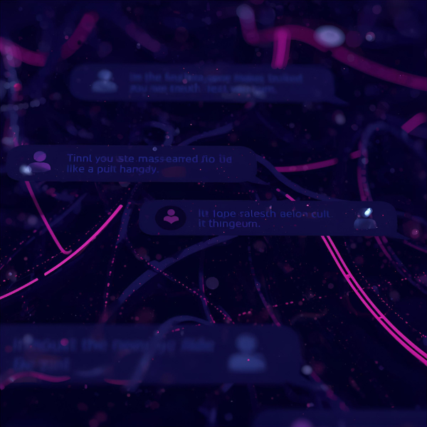 Abstract visualization of digital chat messages floating in a dark space with neon pink and purple network lines connecting them.