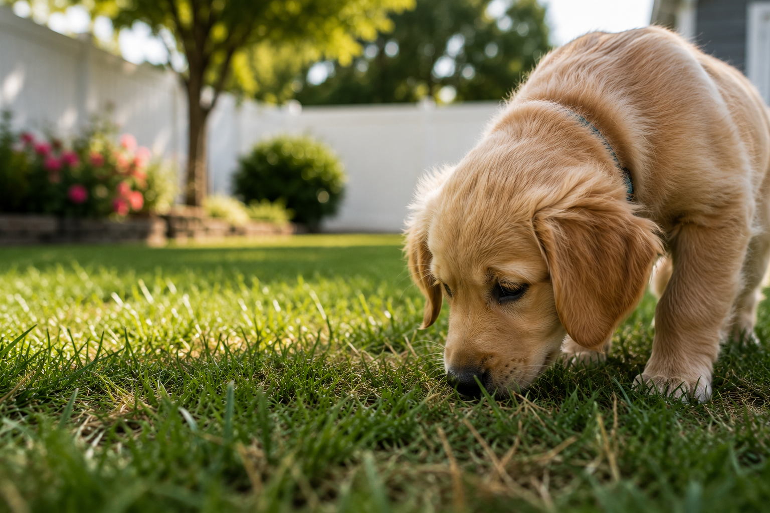 Dog playing in a clean Lincoln Nebraska backyard after weekly dog waste removal