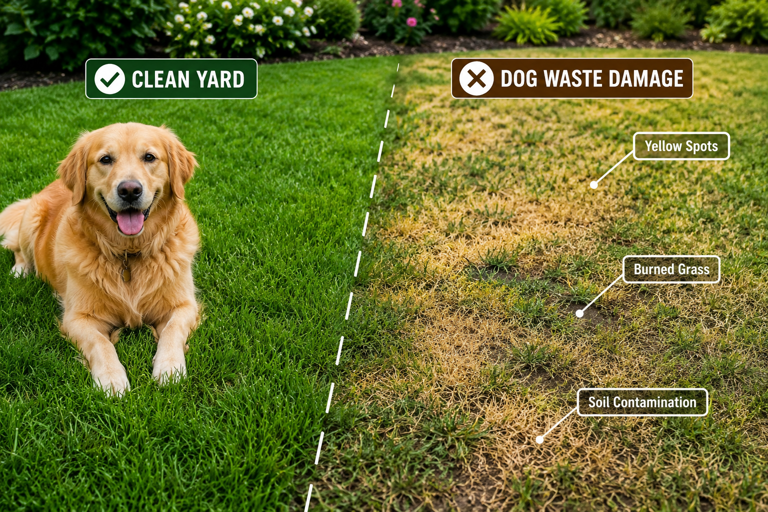 Before and after lawn recovery from dog waste damage in a Nebraska backyard