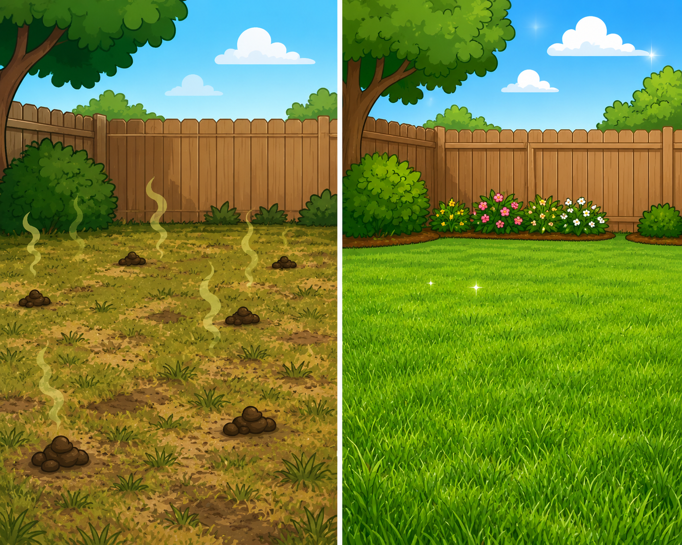Person spraying a clean backyard lawn with a hose to help reduce dog waste odor
