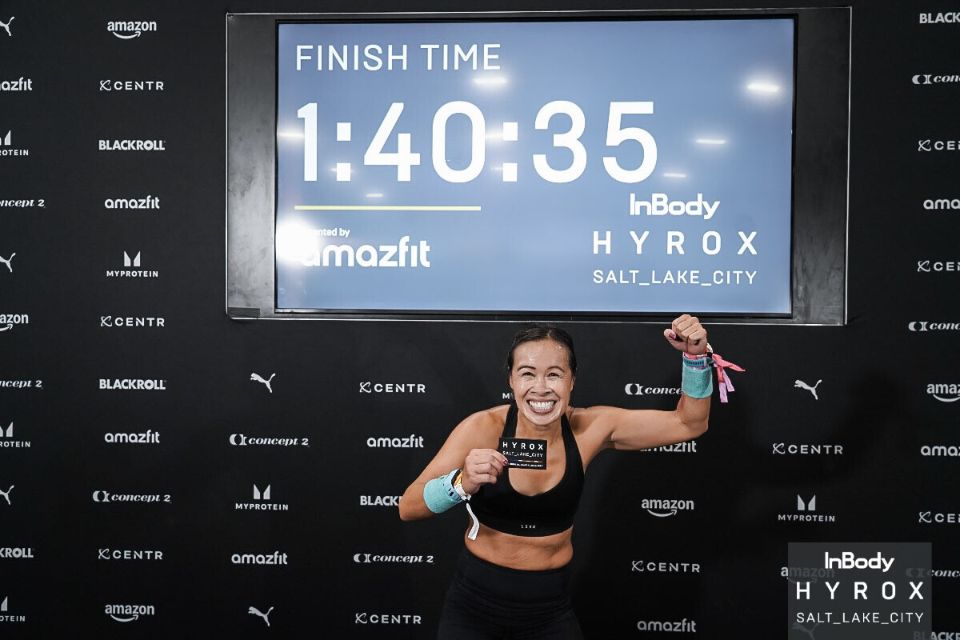 Dr. Tran celebrating her 1:40:35 finish at HYROX Salt Lake City