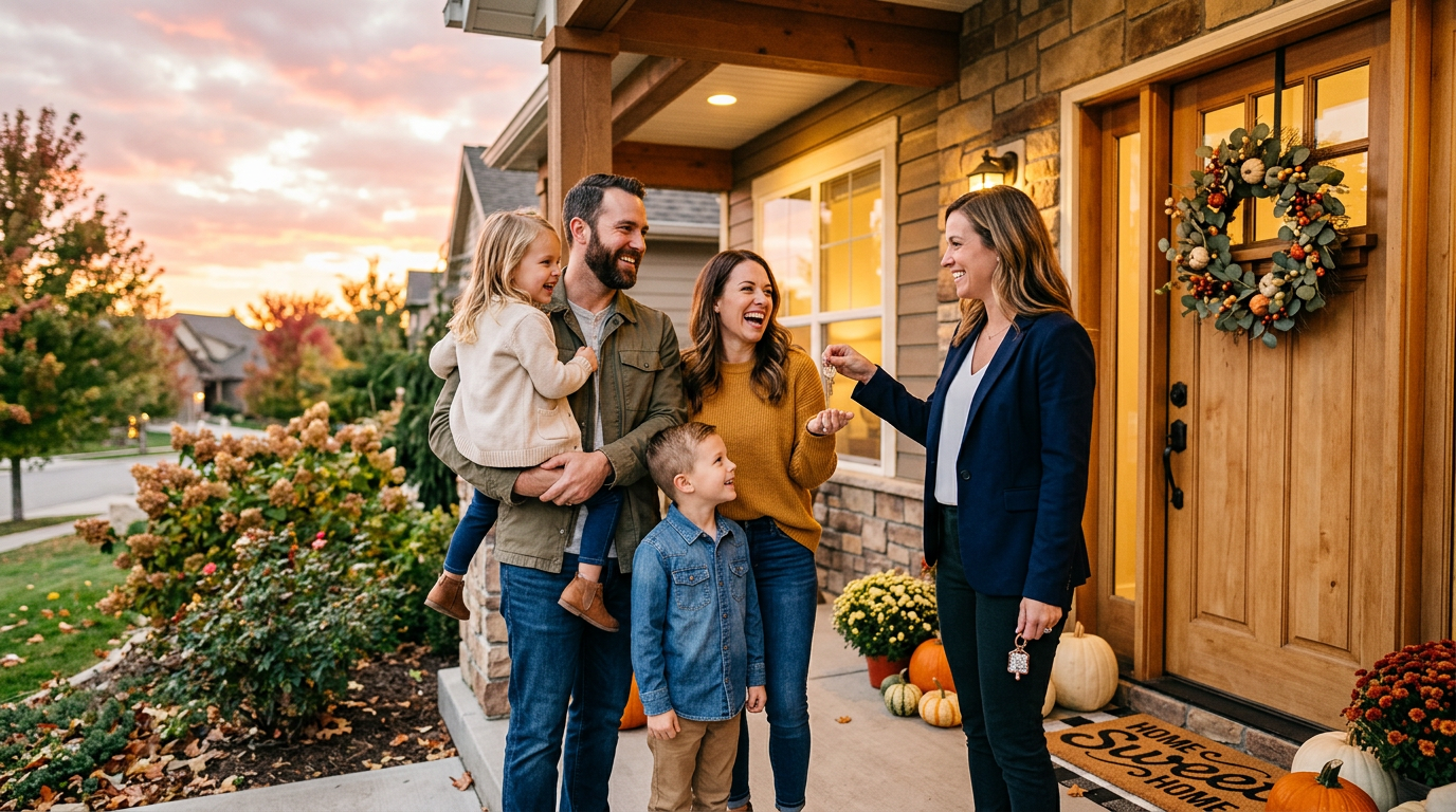 Family receiving house keys from their realtor on the porch of their new home in Piedmont, Oklahoma