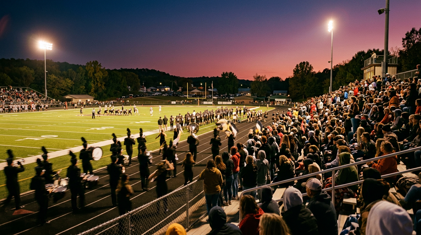 Friday night high school football stadium lights at dusk, a Piedmont Oklahoma school district tradition