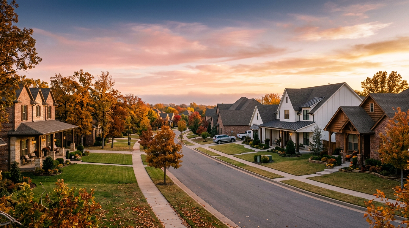 Tree-lined street of newer homes at golden hour in a Piedmont, OK neighborhood during fall