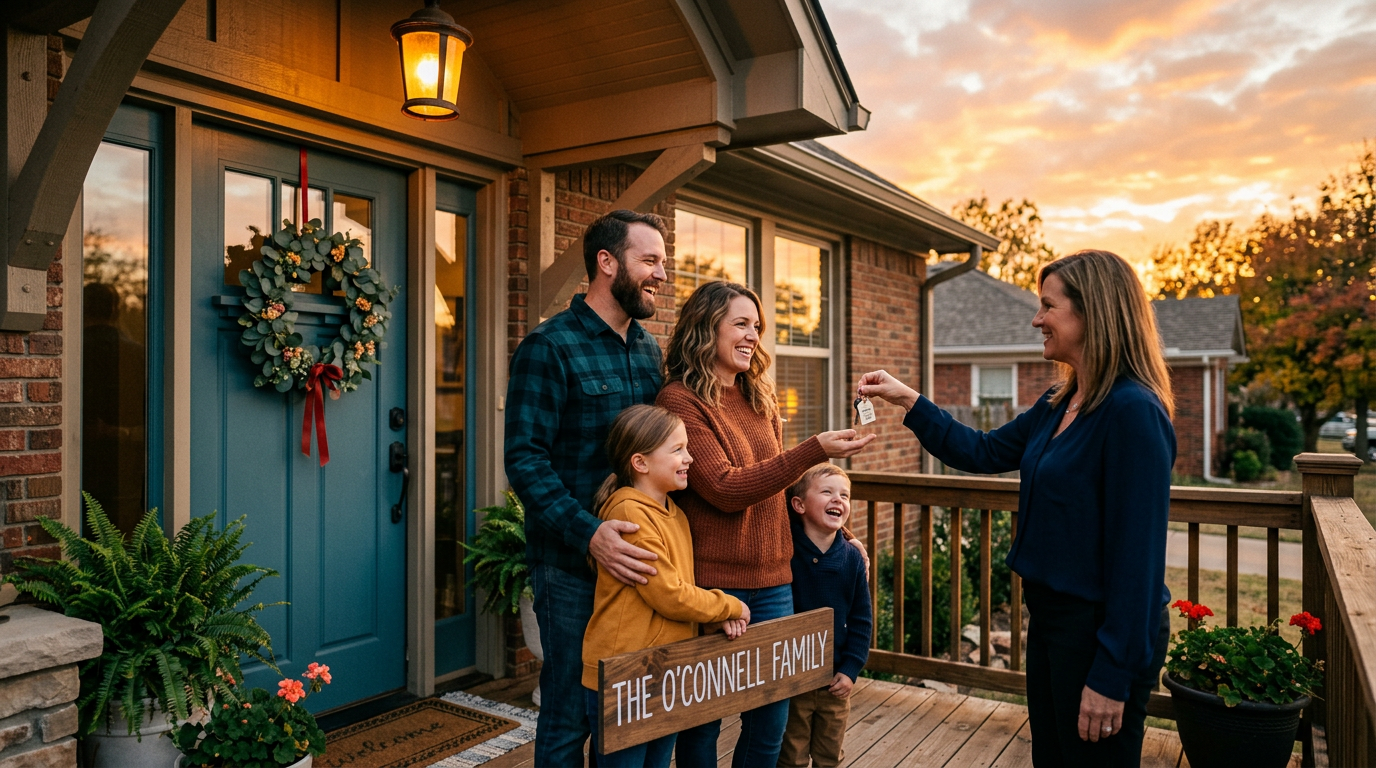 A warm front porch in the Oklahoma City metro at sunset, with a homeowner holding keys and welcoming light in the doorway