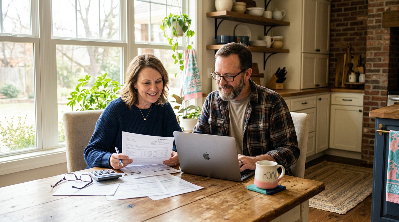A homeowner reviewing a property tax statement and county assessor paperwork at a kitchen table in an Oklahoma home