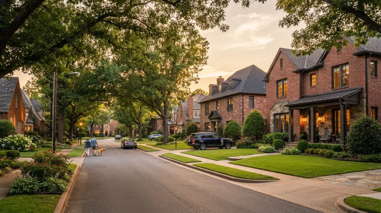 An established, sought-after residential neighborhood with mature trees and traditional homes in Edmond, Oklahoma at golden hour
