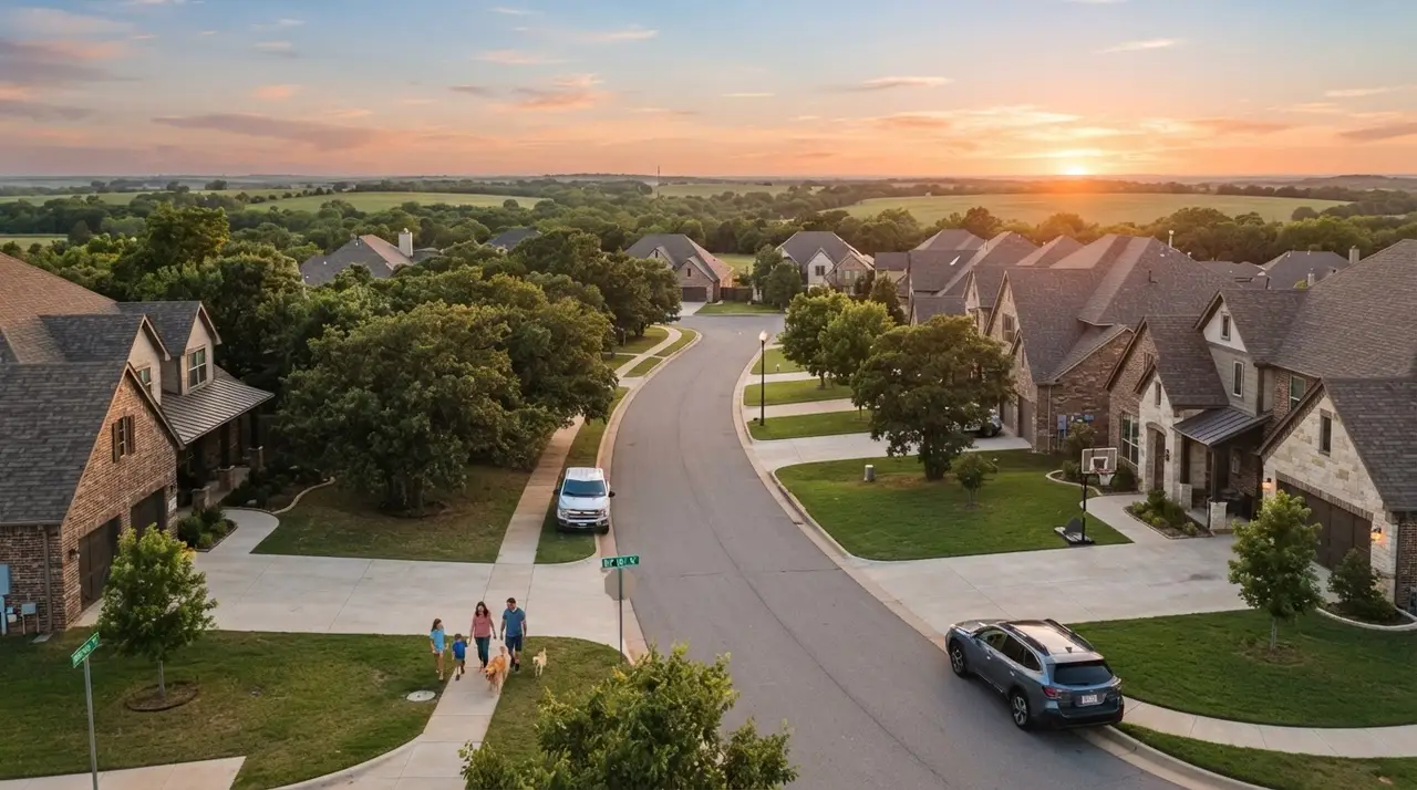 A growing suburban neighborhood in Mustang, Oklahoma at golden hour