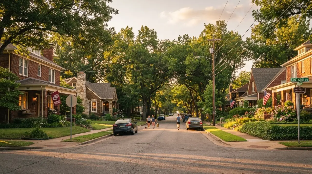 A vibrant college-town residential street with mature trees and a mix of traditional brick homes in Norman, Oklahoma at golden hour