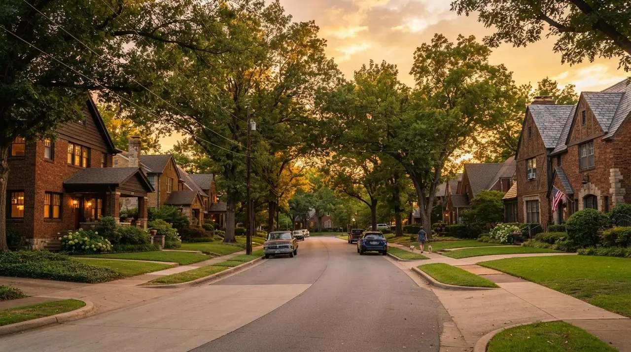 A warm residential street with mature trees and established brick homes in Oklahoma City at golden hour