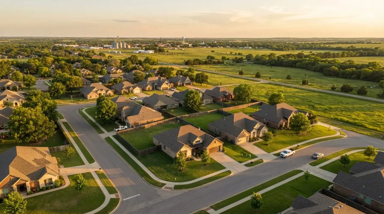 A quiet small-town residential neighborhood with new homes and open land near Piedmont, Oklahoma at golden hour