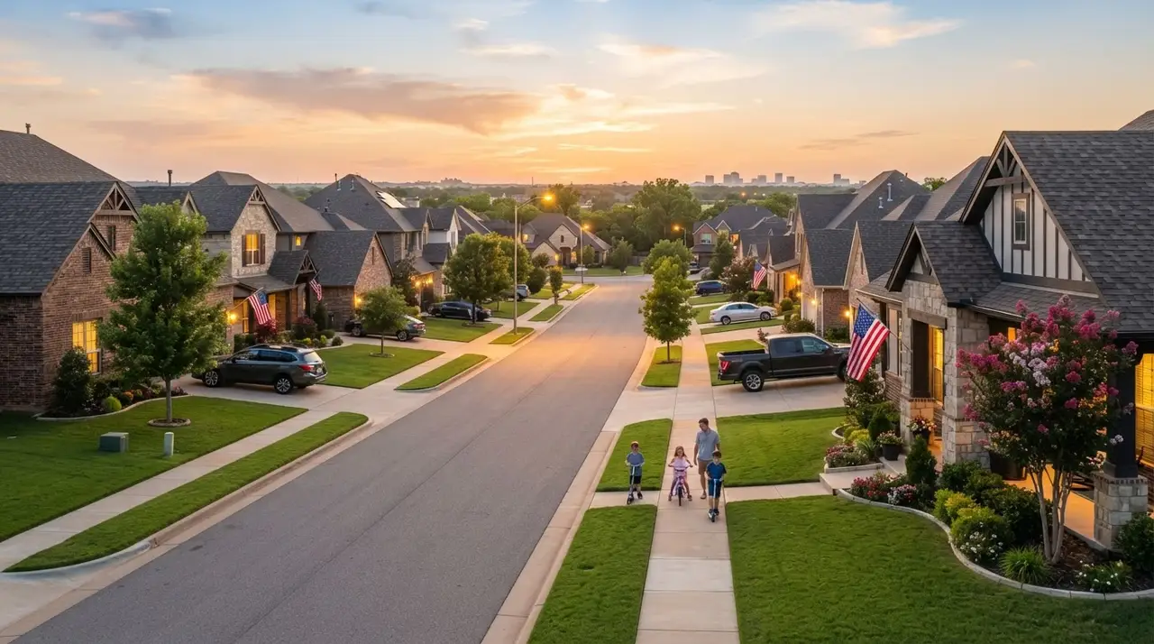 A Yukon, Oklahoma neighborhood street at golden hour