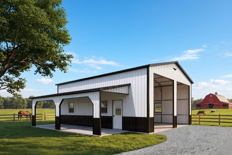 White and black metal workshop building with a covered porch and a tall open bay