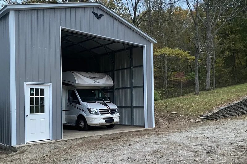 24 by 30 by 15 gray metal garage tall enough for a Sprinter motorhome