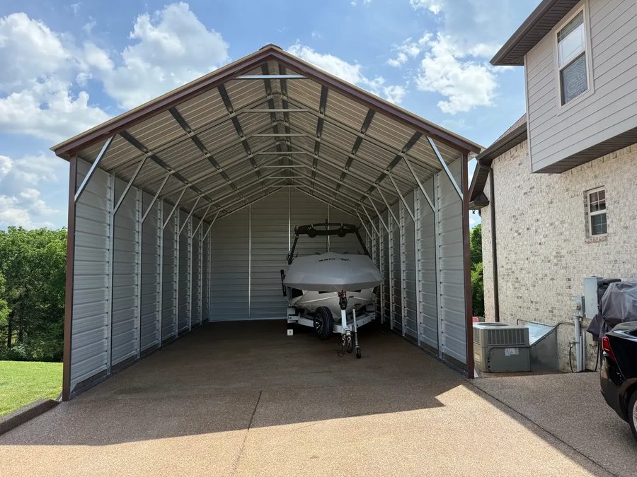 Open gable end of an Outpost building showing the steel framing, bracing and roof structure