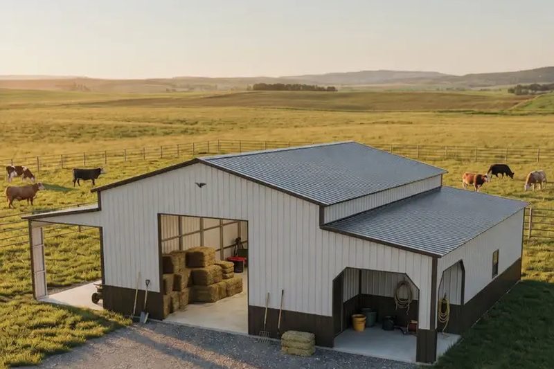 Large white agricultural building with hay storage, stalls and open lean-tos on a cattle pasture