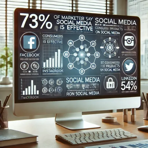 A professional office workspace showing a computer screen with a social media management dashboard. Icons representing platforms like Facebook, Instagram, Twitter, and LinkedIn are visible. The background includes a chart showcasing statistics such as '73% of marketers say social media is effective' and '54% of consumers research products on social media,' symbolizing the business growth potential through active social media engagement.