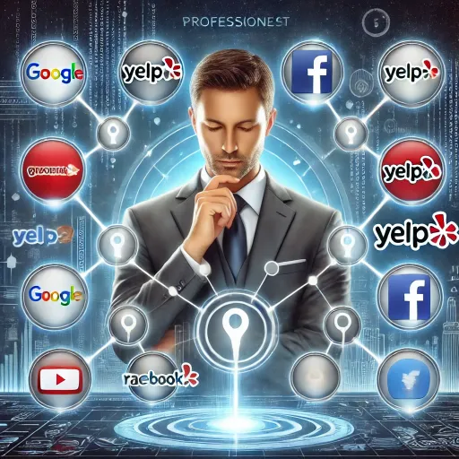 A professional depiction of a businessperson using a digital dashboard to manage business details across multiple directories, with interconnected logos of Google, Yelp, and Facebook, symbolizing integration and consistency in online presence.