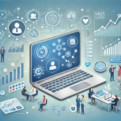 A CRM dashboard displayed on a laptop screen, surrounded by icons symbolizing customer interactions, data organization, and sales growth. Background includes visuals of collaboration and increasing sales charts, representing streamlined processes and improved relationships.