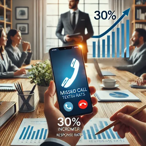 A professional office setting with a smartphone displaying a missed call notification and an automatic text message being sent. A graph shows a 30% increase in customer response rates, symbolizing improved lead conversion and customer satisfaction. Business professionals in the background are smiling and interacting, representing success. The image highlights the positive impact of missed call text-back services on customer engagement and business performance.