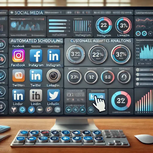 A social media management dashboard displaying multiple platforms like Facebook, Instagram, Twitter, and LinkedIn. The screen includes options for content scheduling, detailed analytics charts, and icons for audience engagement such as responding to comments and reviews. The background features customizable campaigns, brand consistency symbols, and lead generation tools, showcasing a comprehensive social media management system.