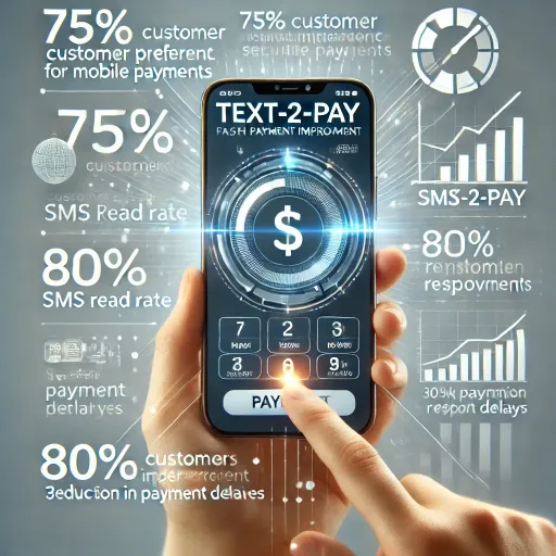 A modern, professional image showing a smartphone displaying a Text-2-Pay message with a clickable payment link. The background includes symbols of fast payments and cash flow improvement, such as a growing graph and a clock. Text highlights the benefits of Text-2-Pay, including 75% customer preference for mobile payments, 80% SMS read rate, and a 30% reduction in payment delays