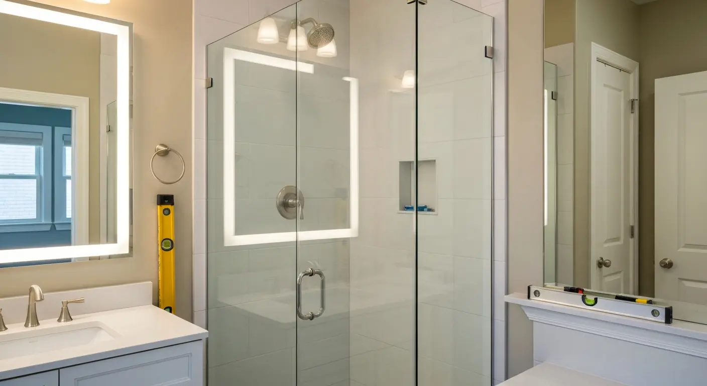 Frameless shower door in modern bathroom