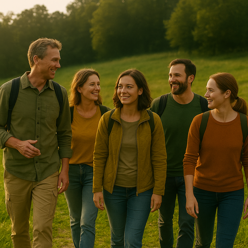 Mitarbeitende beim Ziegentrekking-Ausflug mit gemeinsamen Naturerlebnis