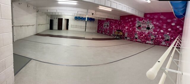 Lil Shining Stars preschool dance room at NRG Studios Allstars, specially designed for our preschool dance program with mascots and pink and black colors