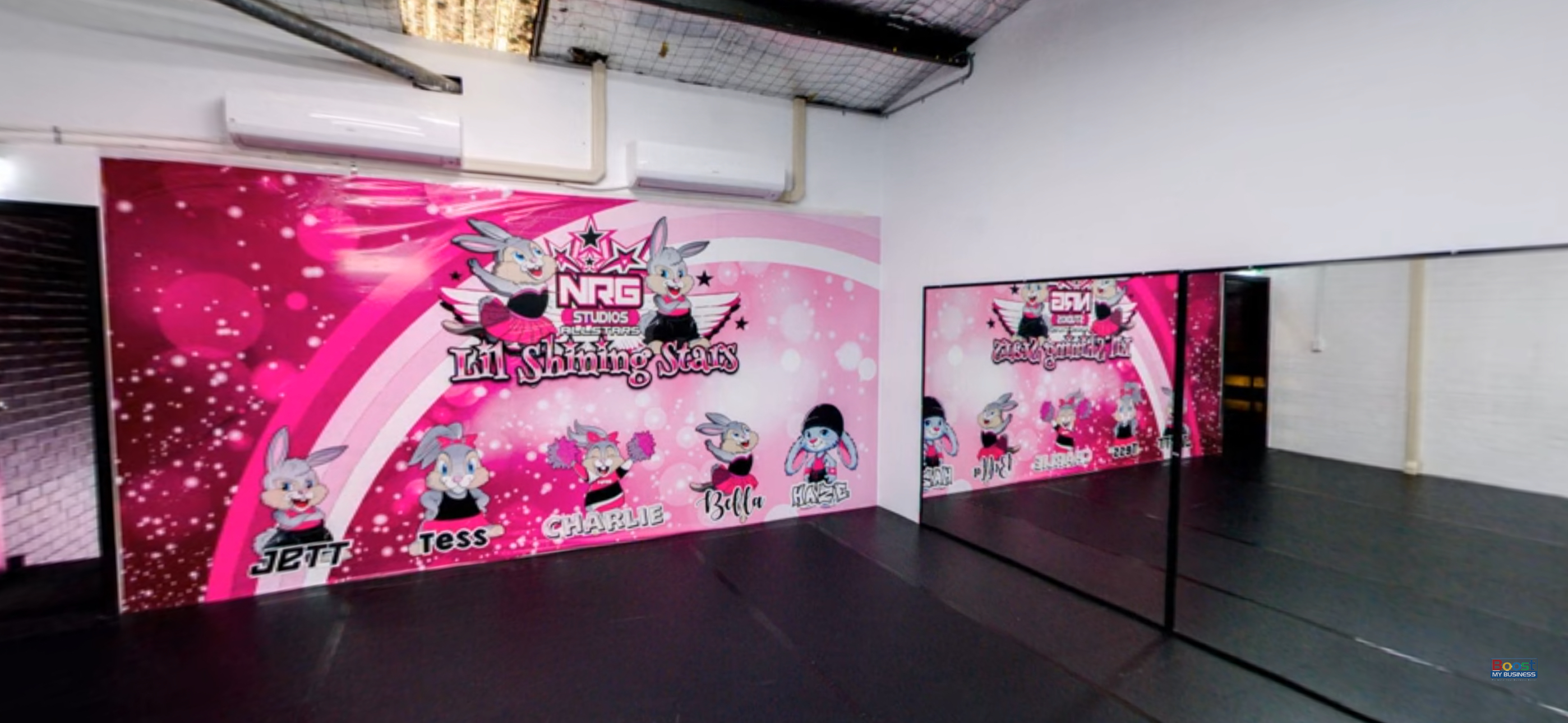Lil Shining Stars preschool dance room at NRG Studios Allstars, specially designed for our preschool dance program with mascots and pink and black colors