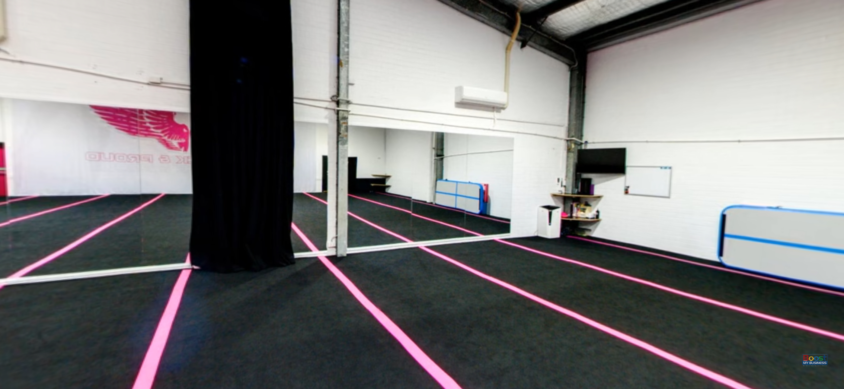 Lil Shining Stars preschool dance room at NRG Studios Allstars, specially designed for our preschool dance program with mascots and pink and black colors