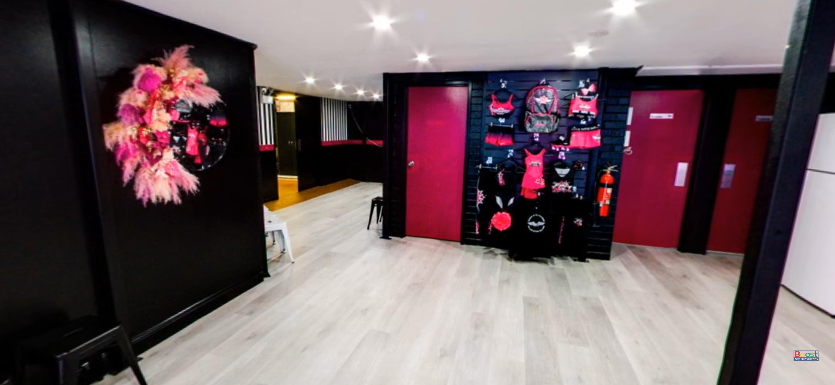 Cheerleading room at NRG Studios Allstars in Wollongong, featuring a large fully sprung floor for safe cheerleading classes and training