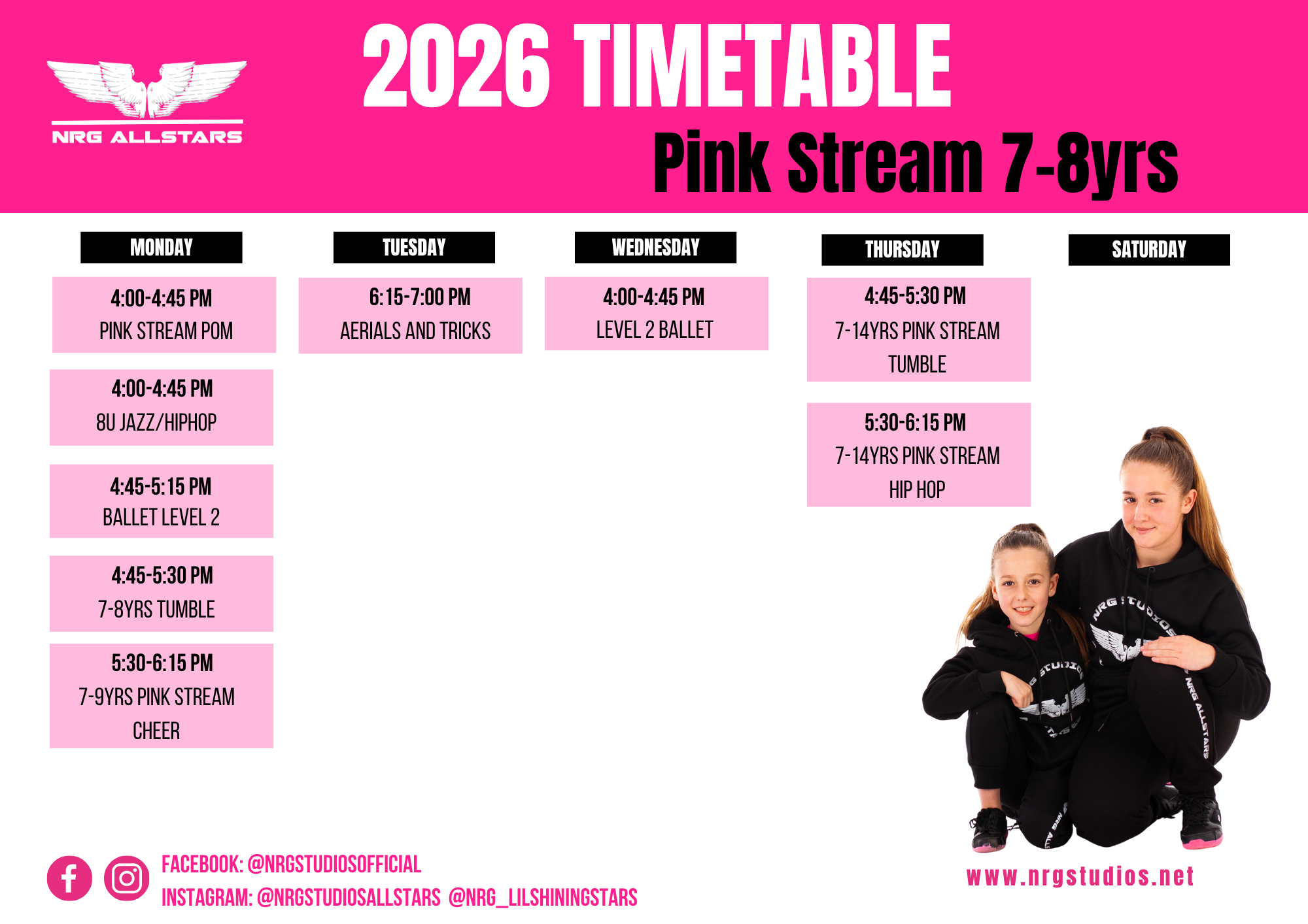 2026 NRG Allstars Pink Stream 7–8yrs timetable with dance, cheer, tumble, ballet and hip hop classes