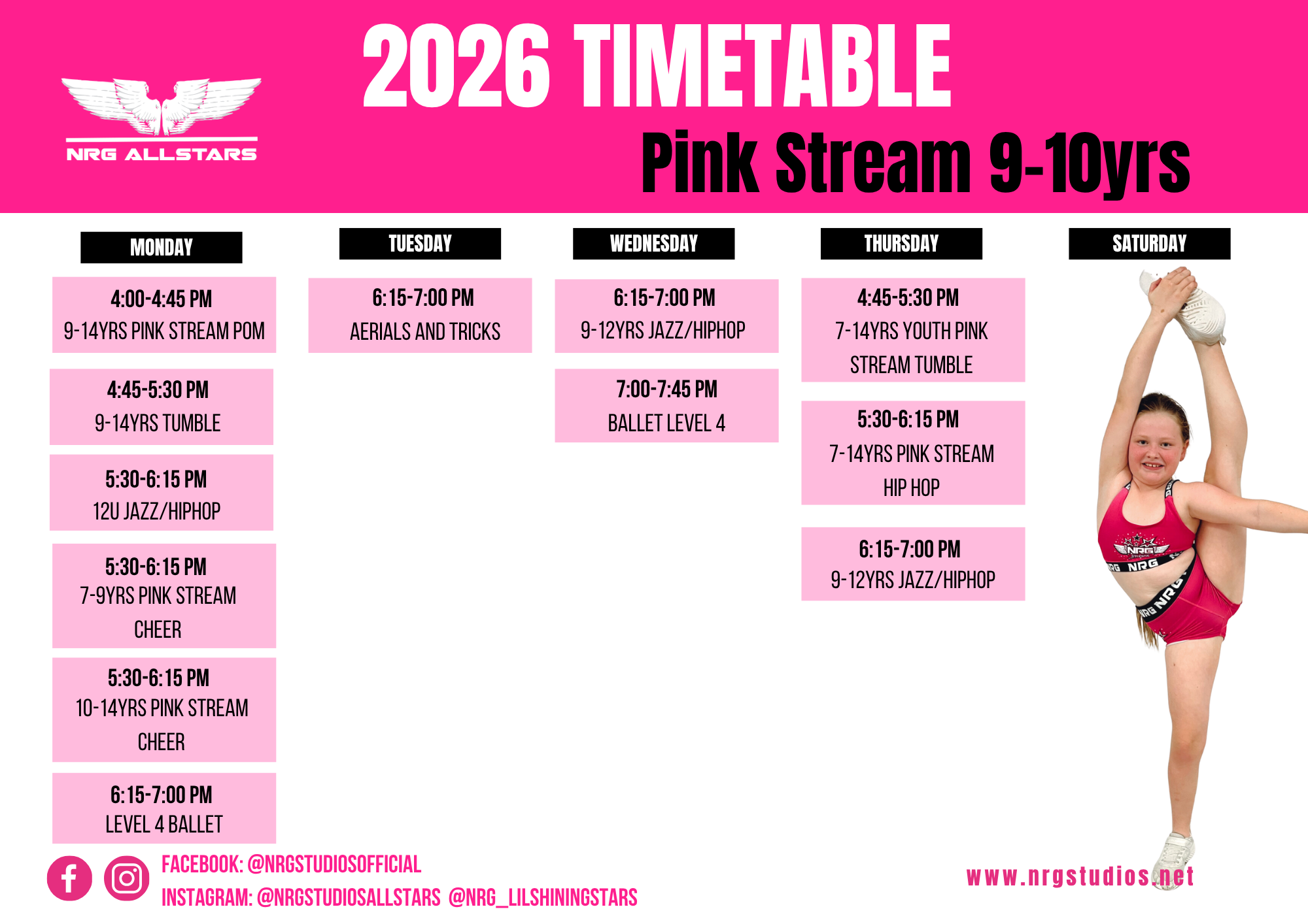 2026 NRG Allstars Pink Stream 9–10yrs dance and cheer timetable in Wollongong